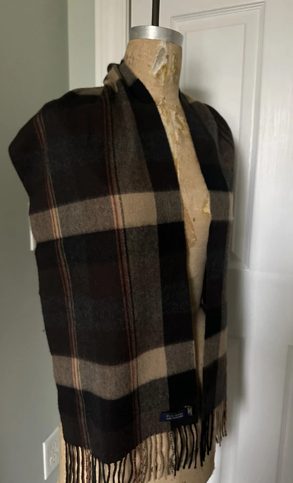 "Bufanda 100 % cachemir a cuadros CLUB ROOM para hombre marrón beige negro flecos 65x12""" Foto 4 de 4