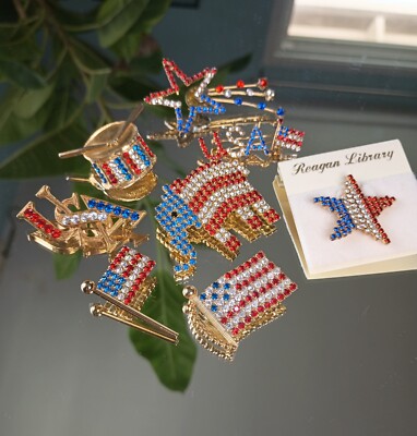 Lot of 8! USA 4th Of July Americana Patriotic Sparkly Rhinestone Pins