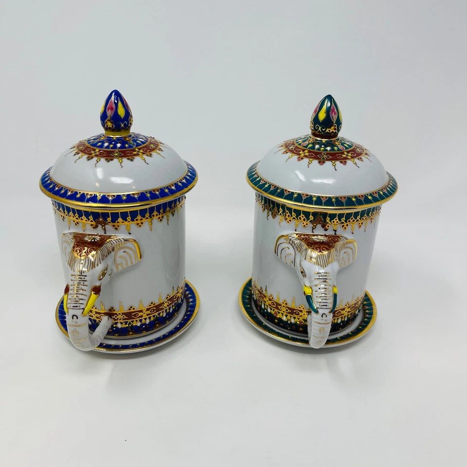 Taza Tailandesa Benjarong Elefante Dorado Azul Verde Blanco Café Porcelana Té Adornado Foto 2 de 4