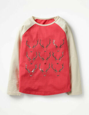 NWT 4/5 Mini Boden Christmas Tee Top Glittery Deer Raglan Sleeves LAST One