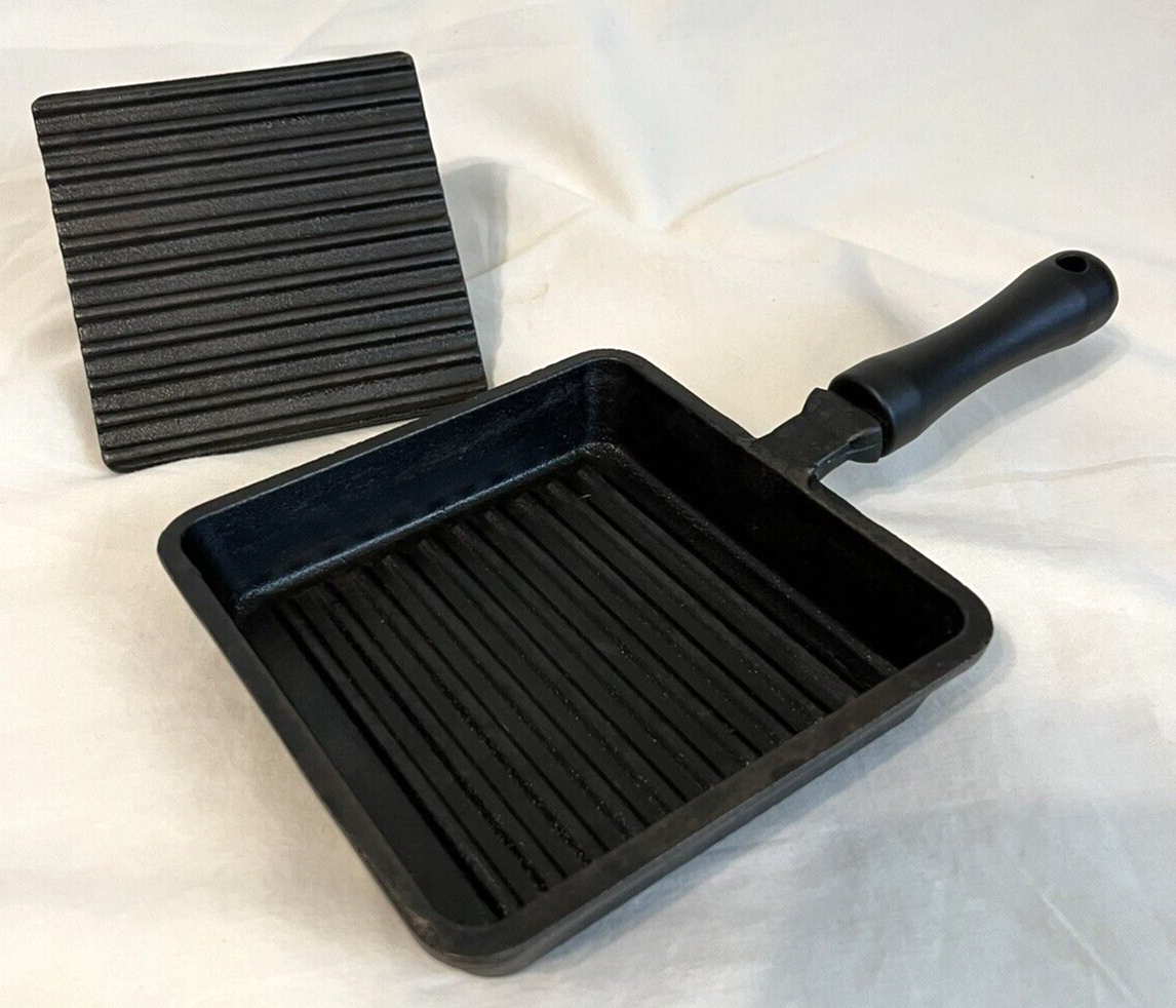 Vintage Mini Cast Iron Panini Pan with Press 5.9" Square Black w