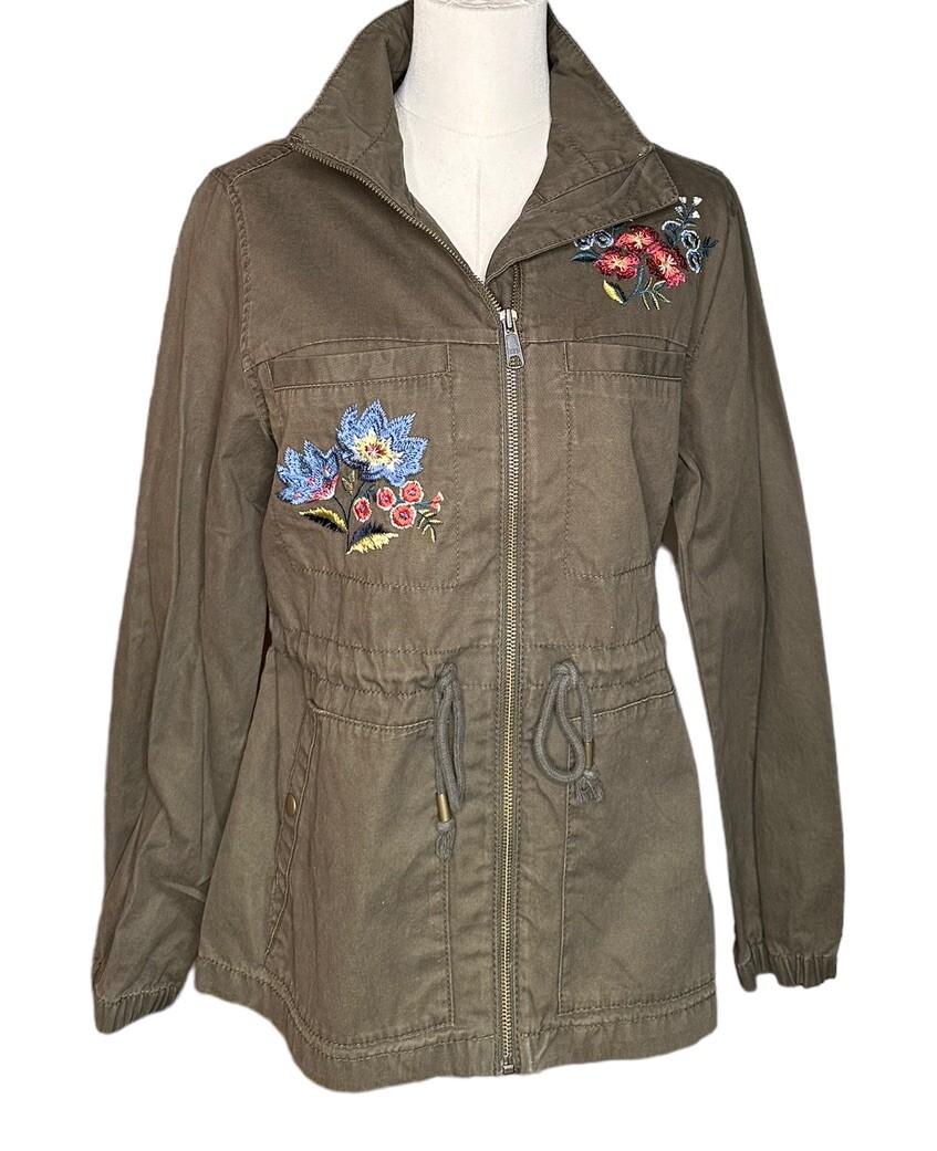 NEW Old Navy Womens Olive Green Floral Embroidered Utility Field