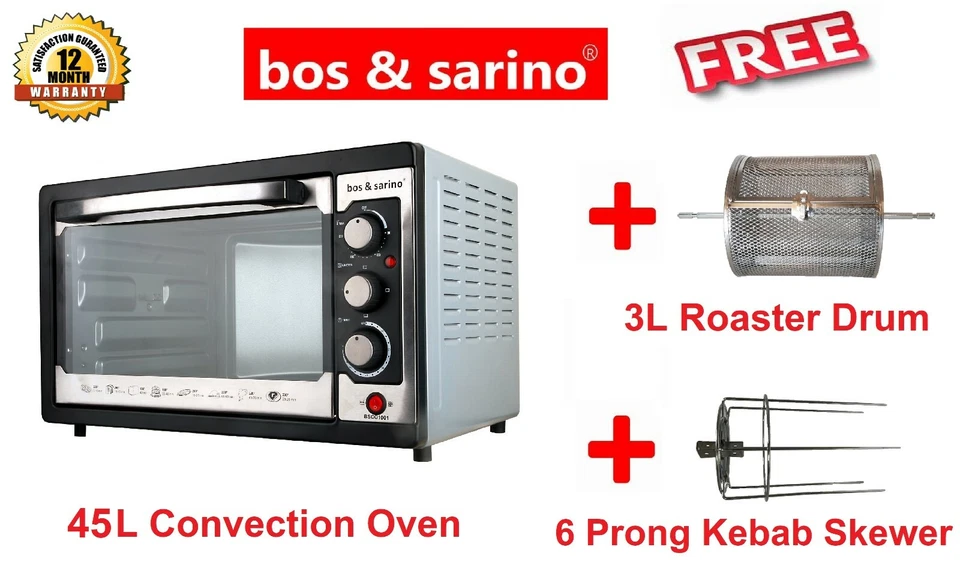 45L 1800W Convection Rotisserie Oven + Air Fryer Drum + Kebab BBQ Skewer Prongs