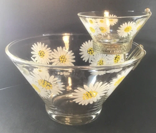 Anchor Hocking Daisy Chip Dip Bowl Set With Holder VTG MCM
