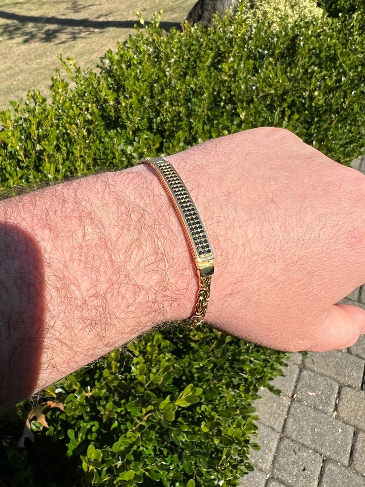 Men Presidential ID Bracelet 14k Gold Plated Silver Iced Black CZ Hip Hop - Image 3 of 4