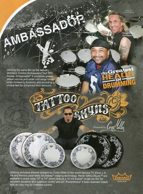 2010 Print Ad of Remo Tattoo Skyns Drumheads w Corey Miller & Nicko McBrain