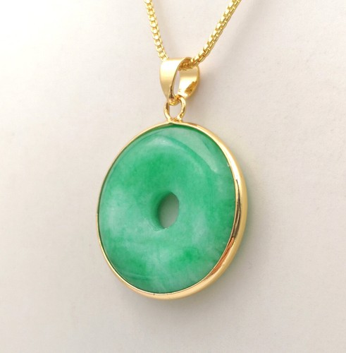 Collar Colgante Redondo Donut Círculo de Jade Verde Genuino 18 KGP Suerte Redondo - Imagen 3 de 10