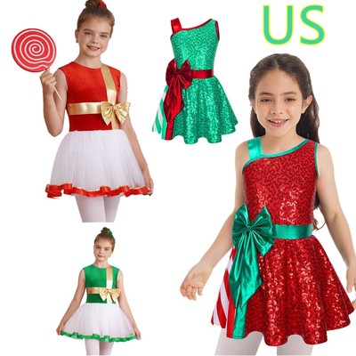 US Kids Girls Shiny Tutu Dress Christmas Dance Sequins Ballerina Ballet Costume 