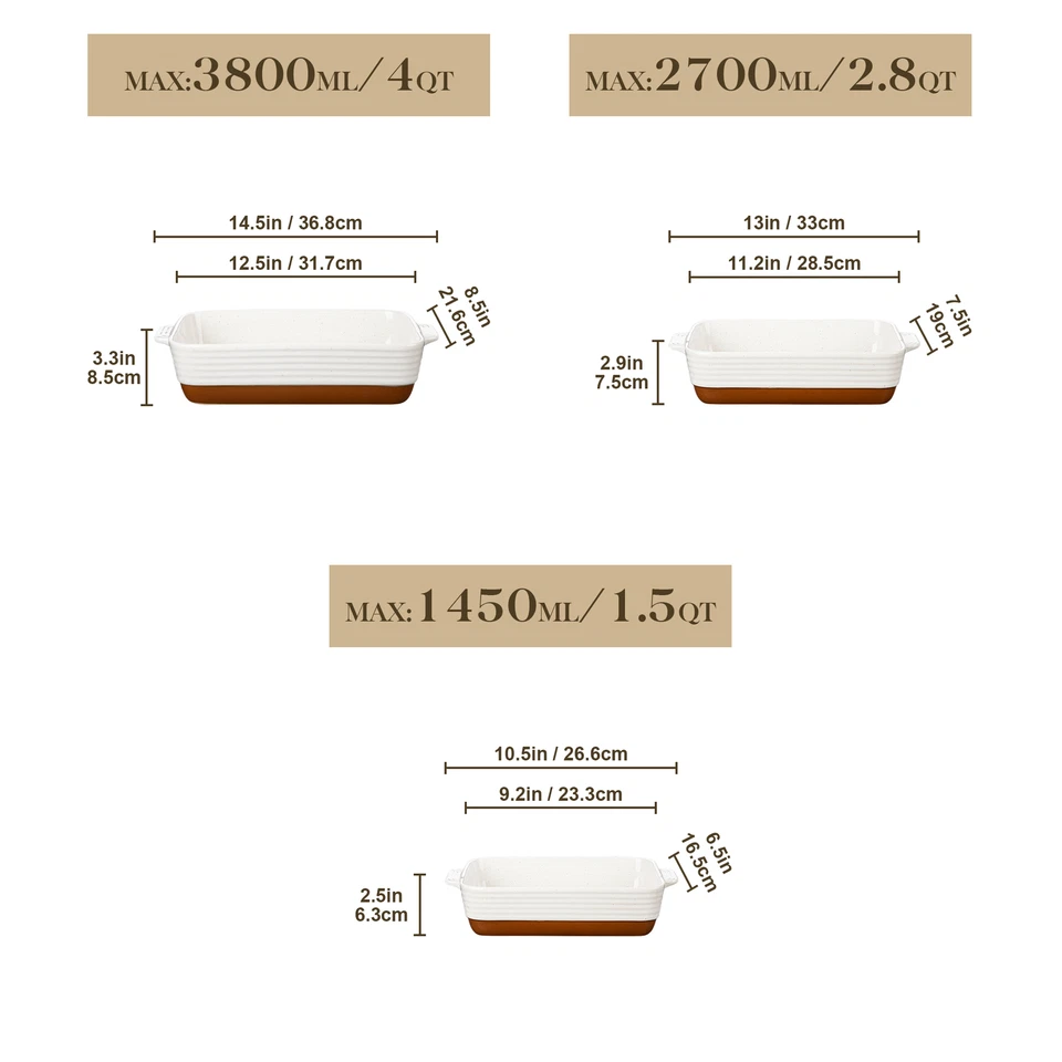 MALACASA 3-teilig Weiß & Khaki Steingut Auflaufform-Set Rechteckig Auflaufformen - Bild 2 von 4