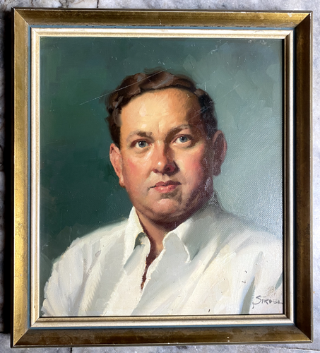 Oil painting portrait young man signed Strobl frame portrait face