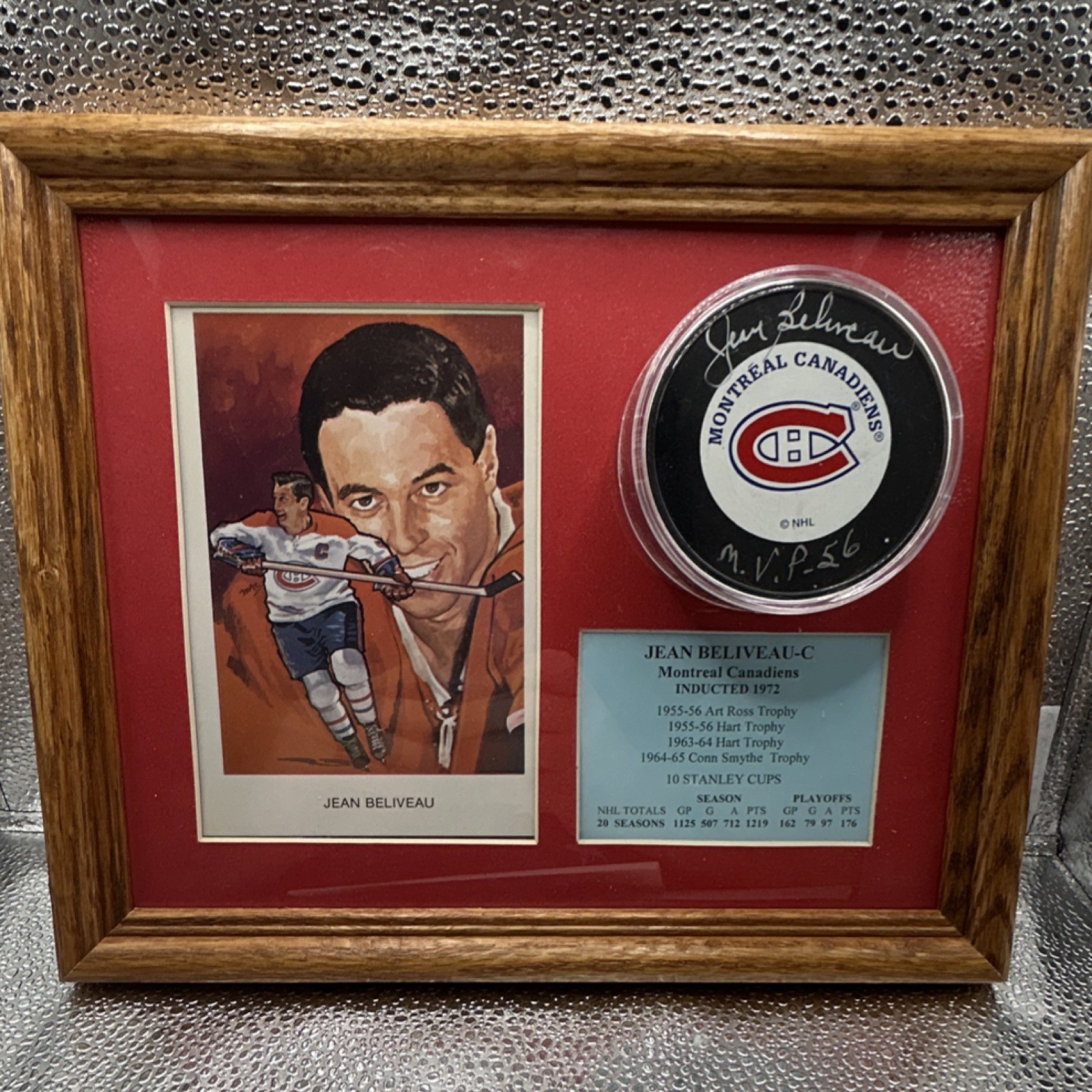 Jean Beliveau Signed Montreal Canadiens Puck Inscribed MVP 56 Framed Display