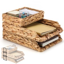3 Pack Woven Water Hyacinth Letter Tray 3 Tier Stackable Desk Mail Organizer,...
