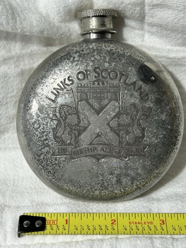Vintage Pewter Flask Sheffield England Round Flask Golf Design Links of Scotland