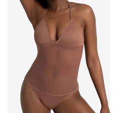 CM Capezio Plunge Neck Mesh Midriff Leotard Mocha Brown NWT Size CM
