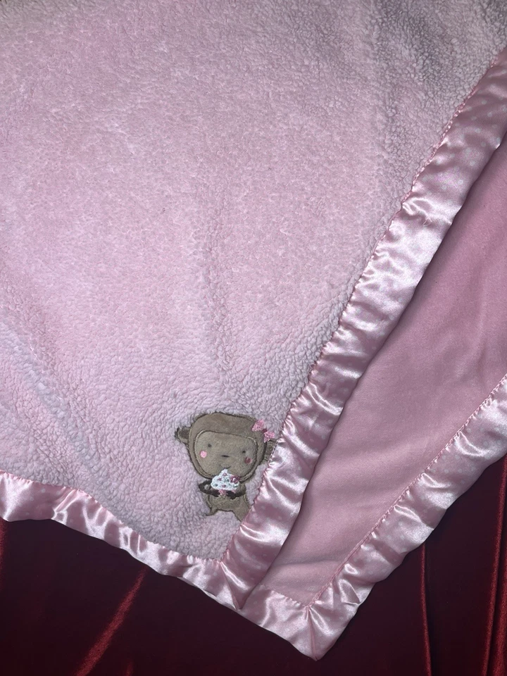 Carter's Child of Mine Pink Satin Trim Baby Blanket With Embroidered Monkey Soft - Image 3 of 4