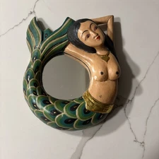 Balinese Folk Art Mermaid Sea Siren Goddess Wall Mirror Hand Crafted Painted