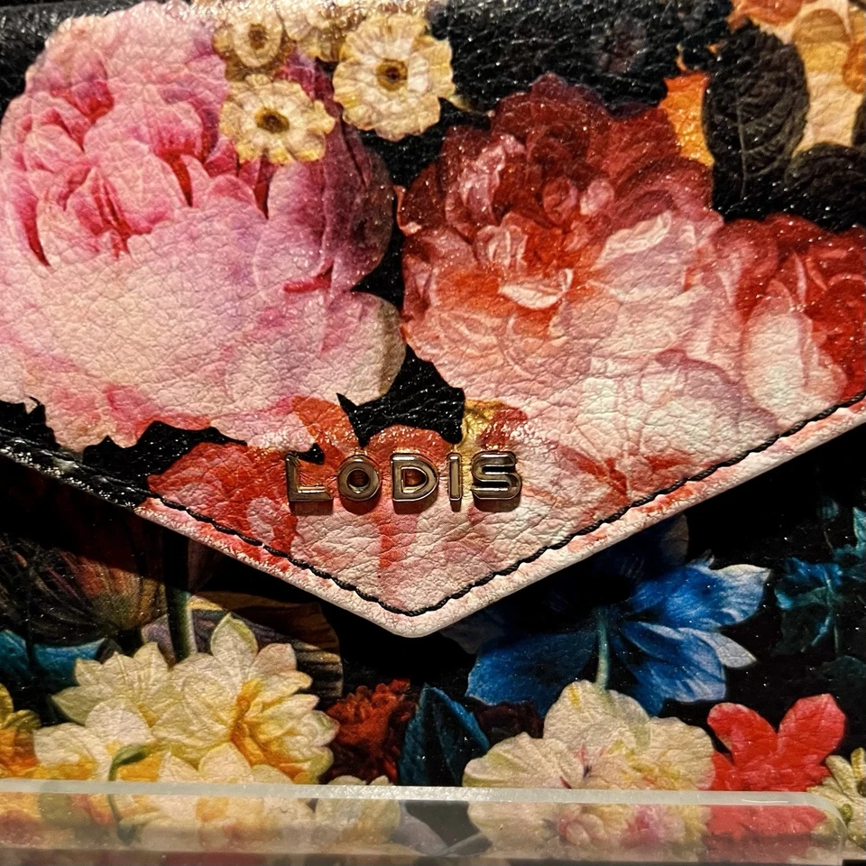 Bolsa carteira tiracolo Lodis couro preto estampa floral pulseira NOVA - Imagem 4 de 4