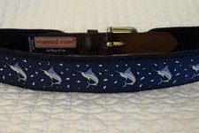 Vineyard Vines Kids Brown Leather  Blue Marlin Canvas Leather Belt, Size 24