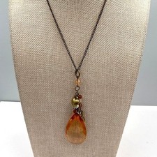 Vintage Bronze Tone Amber Glass Teardrop Pendant Necklace Beaded Charm Cluster