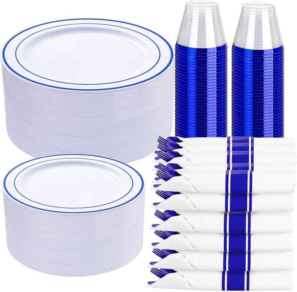 350-Piece Blue Disposable Dinnerware Set - 50 Guests, Elegant Plates & Cups - Image 3 of 4
