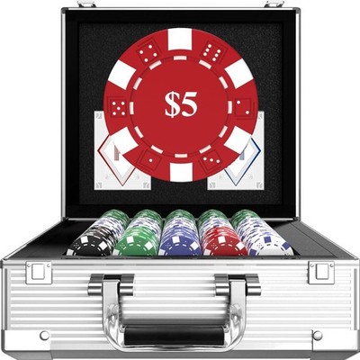 Pokerkoffer mit 600 nummerierten Chips, 2 Kartendecks, 5 Würfeln, Dealer-Buttons