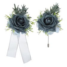 Dark Gray Wrist Corsage and Boutonnieres Set, Artificial Flowers for Wedding