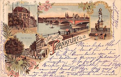 Postcard Litho. Many greetings from Frankfurt a. Or Unter den Linden Barracks gel. 1897