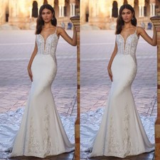 Boho Mermaid Wedding Dress Spaghetti Straps Sleeveless Lace Applique Bridal Gown