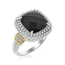 18k Gold  Sterling Silver Real Solid 925 Black Onyx and Diamond Ring Four Prong