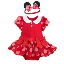 NWT Disney Store Minnie Mouse RED Baby Bodysuit Costume & 3D Ears Headband SET 