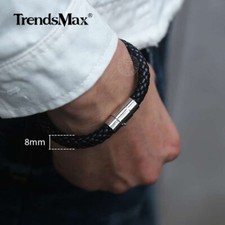 8mm Black Braided Leather Rope Bracelet Stainless Steel Magnetic Clasp 8/9/10"