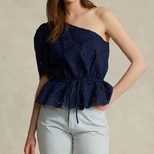 NWOT Women’s Polo Ralph Lauren One-Shoulder Eyelet Linen Topin Navy SZ 12