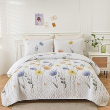 Dinjoy Floral Quilt Set King 3 Pieces Blue Yellow King, and