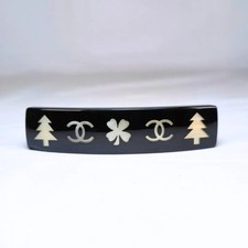 CHANEL Hair Barrette Vintage Black CC Logo Clover Tree Motif Rare Accessory JPN