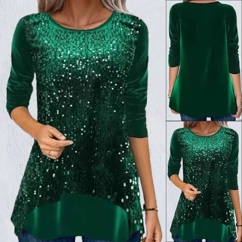 VETEMENTS Tunica scintillante paillettes manica lunga top da donna scollo a O abbigliamento casual