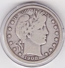 1908   D   Barber   Half  Dollar  (90% Silver)  Coin