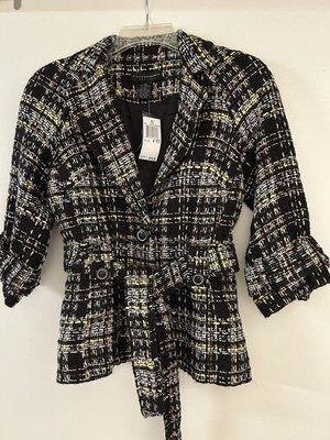 NWT New Grace Elements Black Yellow Mocha Plaid Tweed Blazer Jacket 4 Petite