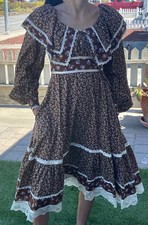 Vtg 1970s Gunne Sax Style Brown Calico Prairie Dress Ruffle Midi Small Tag Cut