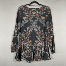 Free People Tunic Dress Womens Small Black Floral Boho Open Back Peplum Hem