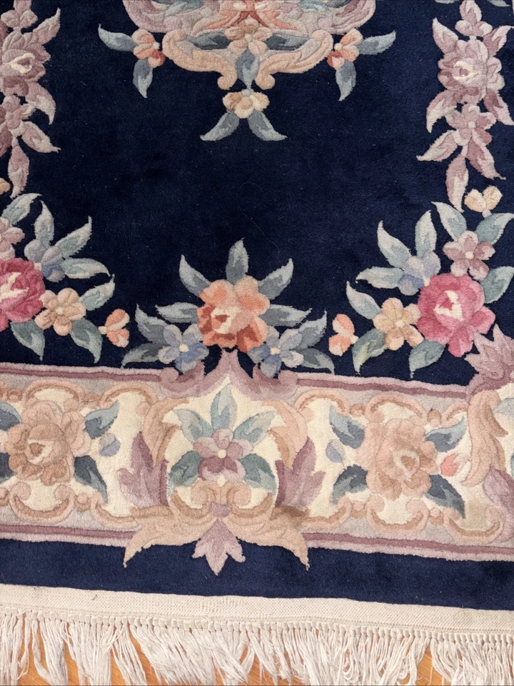 Tibetan 4' x 6' Oriental Hand-knotted Royal Blue Wool Floral Area Rug - Image 4 of 4