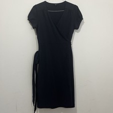 Lands’ End Black True Wrap Dress Fit Flare Tie Sz M Minimal Capsule Jersey Knit