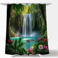 Tropical Rainforest Waterfall Shower Curtain with Trees and Wildflowers