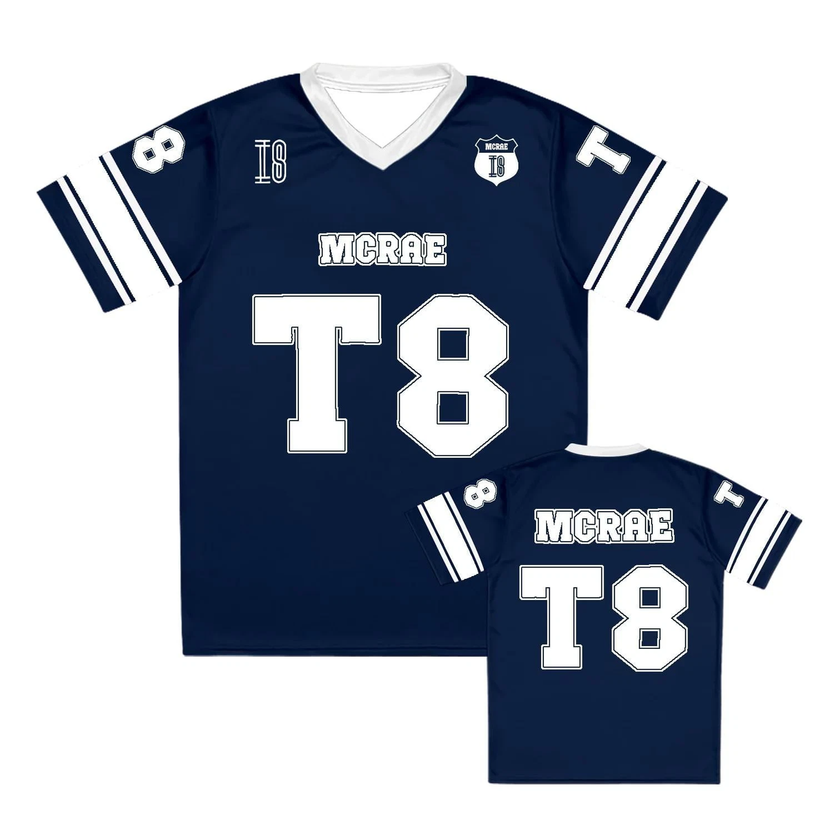 Tate McRae T8 NAVY AND WHITE McRae Jersey V-Neck Full Size S-6XL
