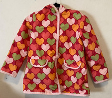 Girls Rain Coat Heart Print Pink Orange Green Hooded Lined M 7-8 Gymboree
