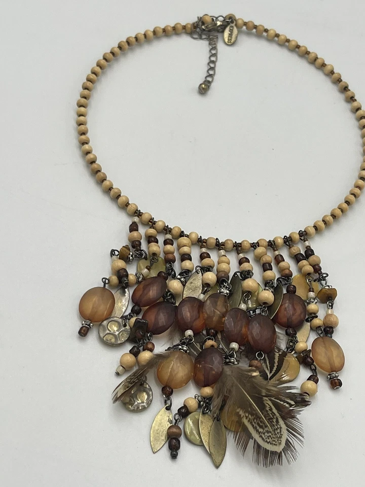 Express Boho Western Hippie Tribal Necklace With Feathers Wood Beads Charms - Image 2 of 4