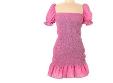 Zara Womens Textured Weave Mini Dress Pink Ruffled Puff Sleeve S