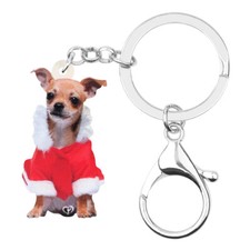 Acrylic Christmas Red Dress Chihuahua Dog Keychain For Women Purse Jewelry Charm
