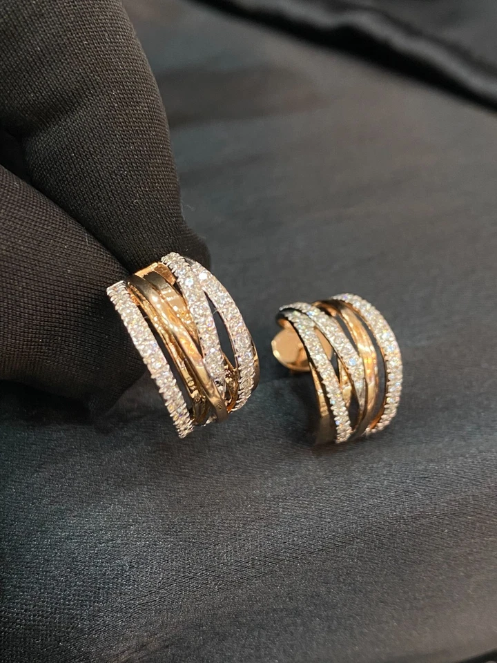 Pave 1,20 Cts Runder Brillantschliff Diamanten Semi Creolen Ohrringe In 14K Gold - Bild 3 von 4