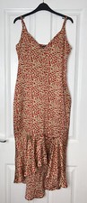 BNWT PRETTYLITTLETHING RED LEOPARD PRINT FRILL HEM MIDI DRESS SIZE 14 RRP £30