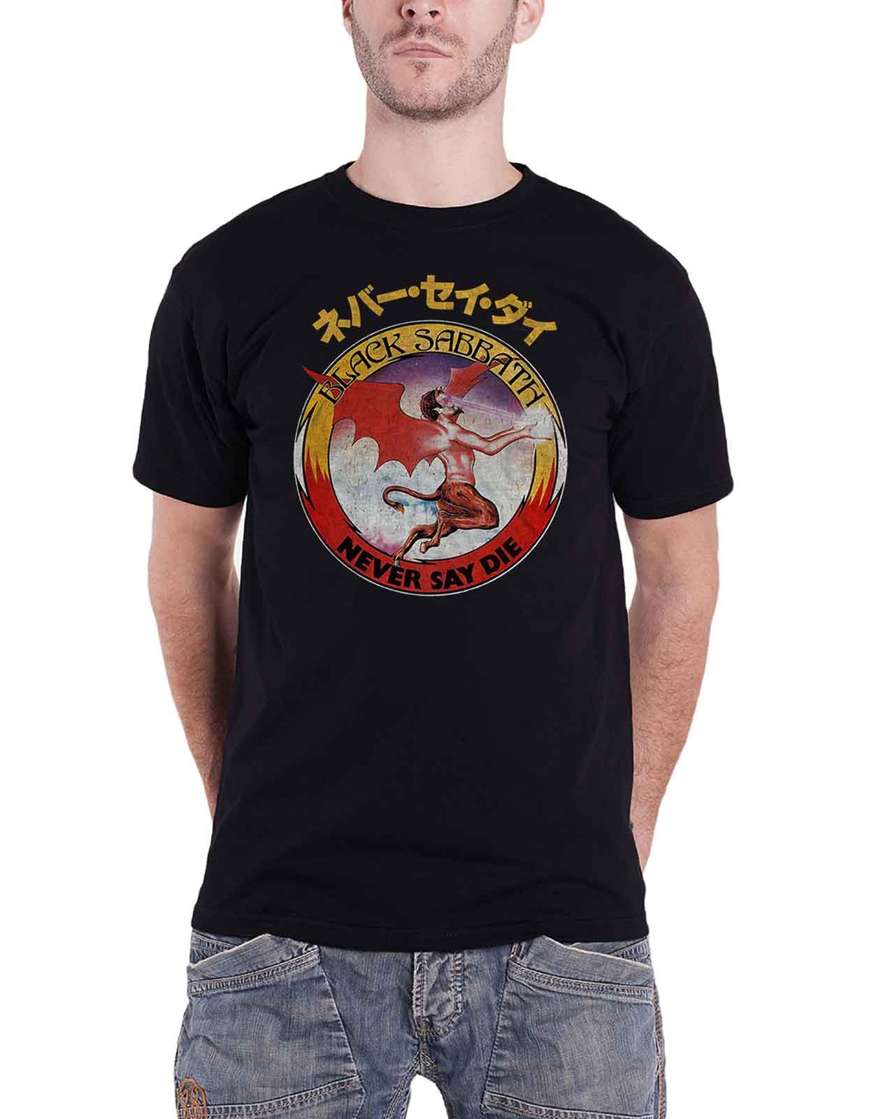 Black Sabbath Never Say Die Japanese Logo Unisex Official Black Tee Size